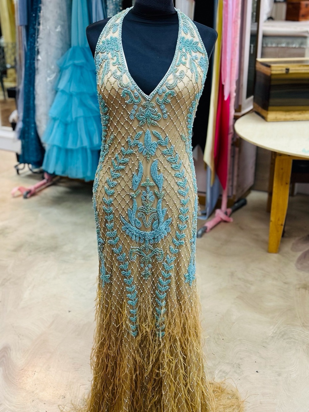 LARA Nude and Aqua Beaded Halter Prom Gown